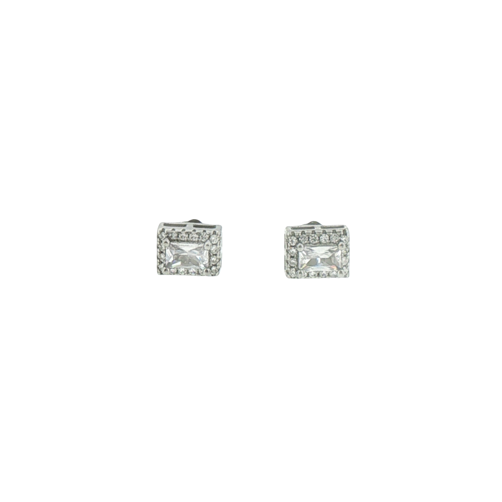 Silver Rectangular Halo Stud Earrings in White Gold