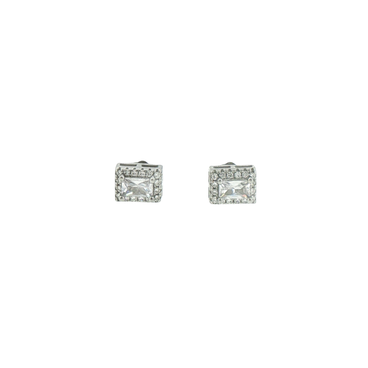 Silver Rectangular Halo Stud Earrings in White Gold