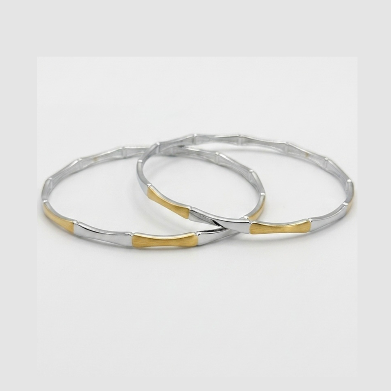 Silver Two-Tone Bamboo Design Bangle (Set of 2)