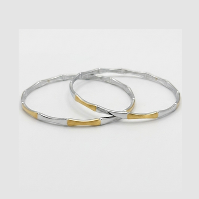 Silver Two-Tone Bamboo Design Bangle (Set of 2)