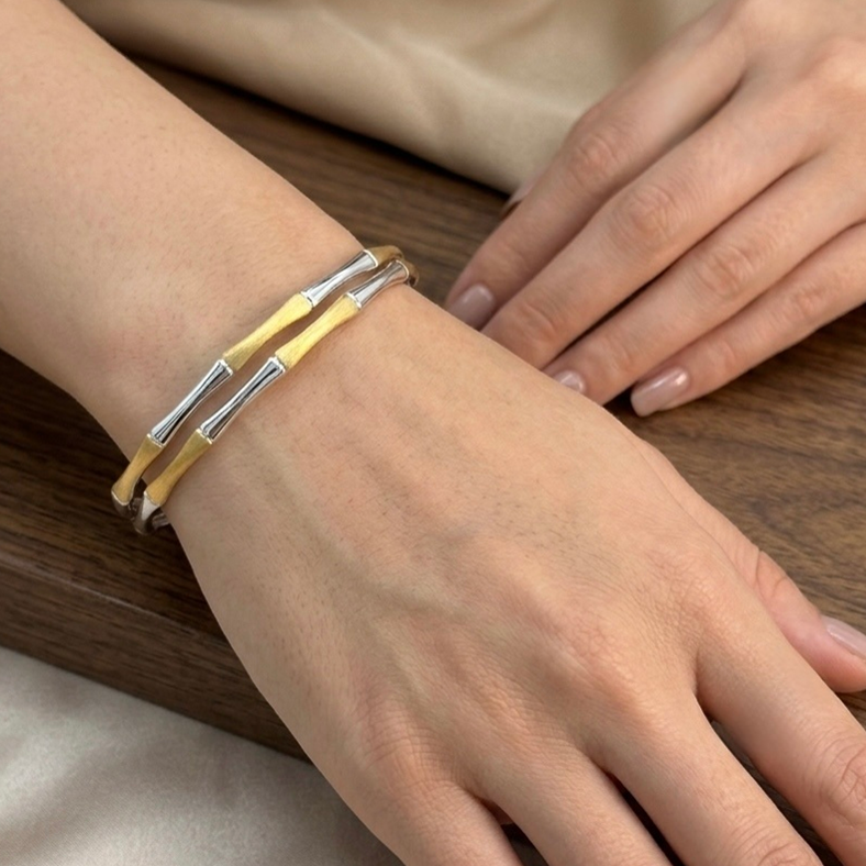 Silver Two-Tone Bamboo Design Bangle (Set of 2)