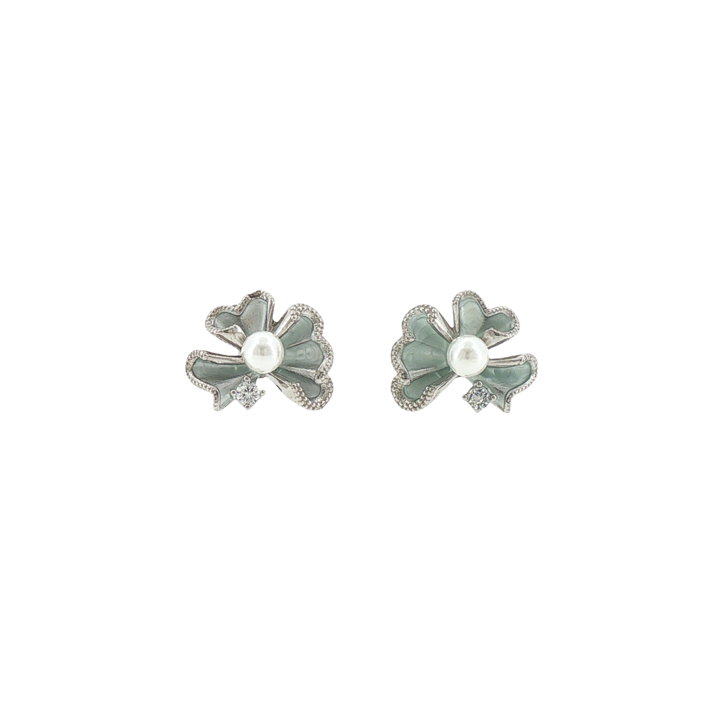 Silver Pearl Clover Stud Earrings