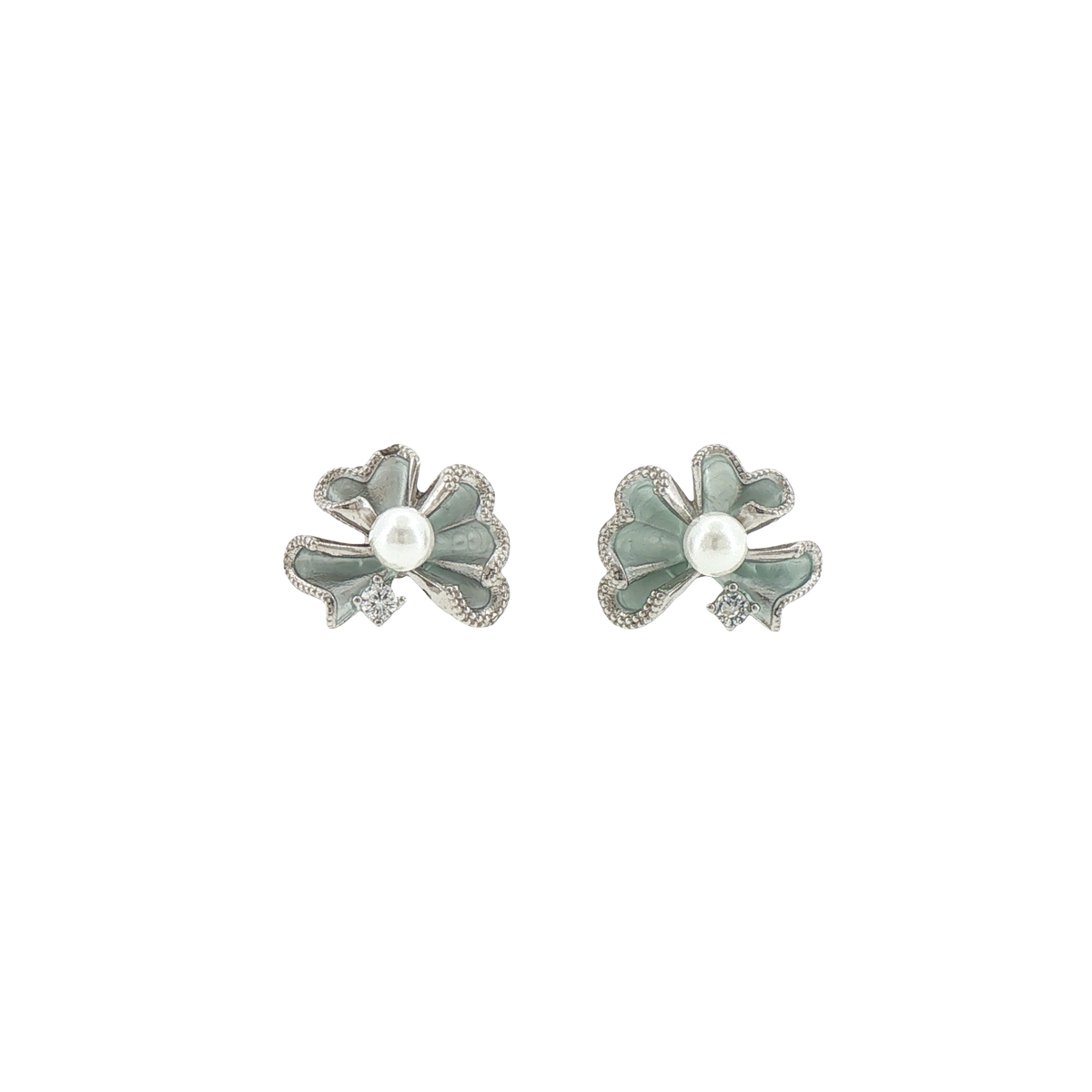 Silver Pearl Clover Stud Earrings
