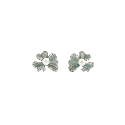 Silver Pearl Clover Stud Earrings