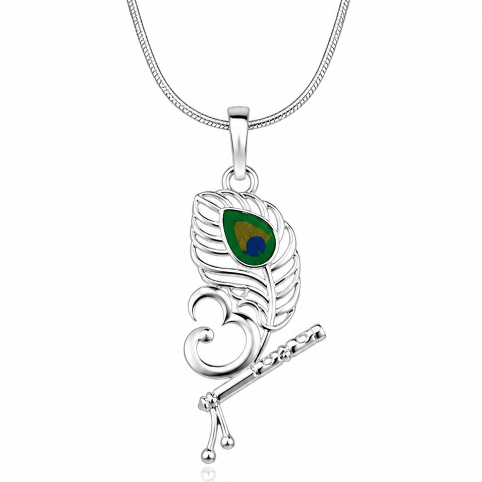 Silver Om Flute and Peacock Feather Pendant