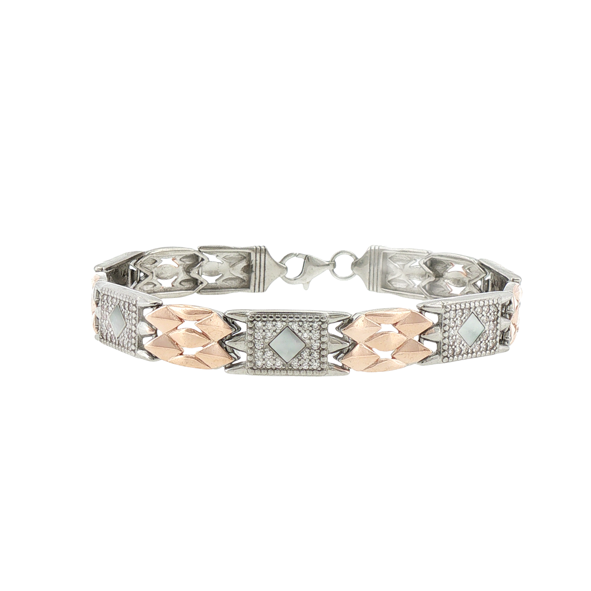 Silver Geometric Pave Link with Stones Bracelet