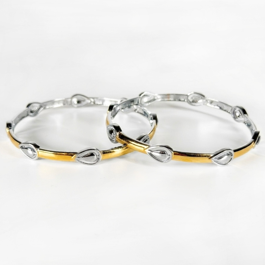 Silver Two-Tone Teardrop Accent Bangle (Set of 2)