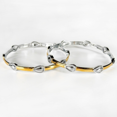 Silver Two-Tone Teardrop Accent Bangle (Set of 2)